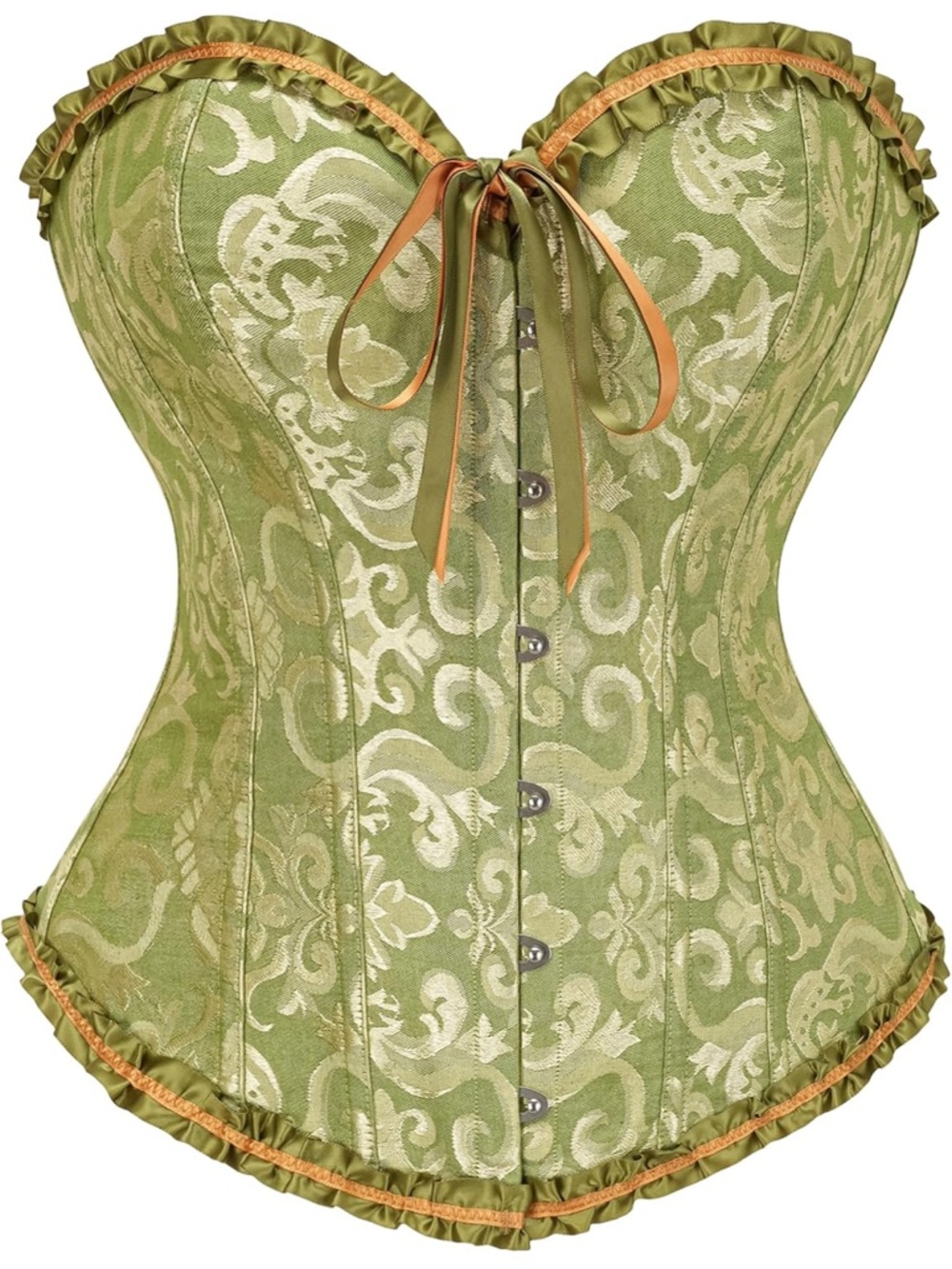 Olive Green Brocade Strapless Corset with Ribbon Trim